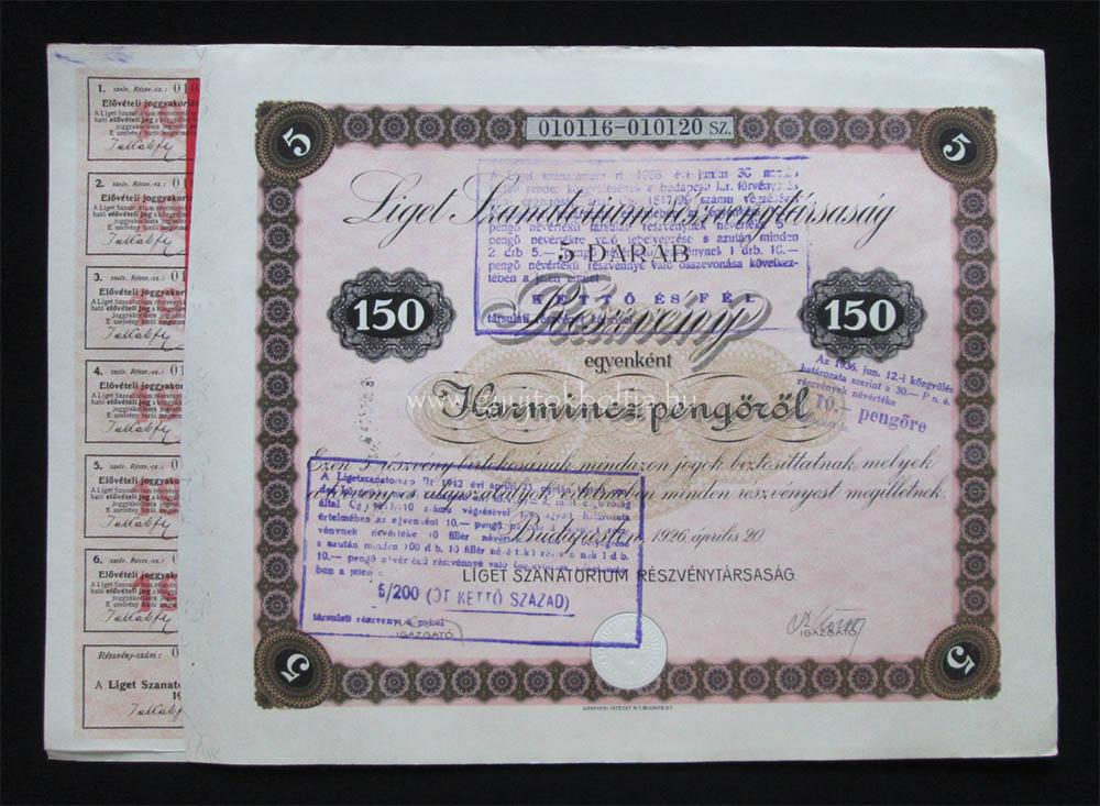 Liget Szanatórium részvény 5x30 pengõ 1926 - ADY